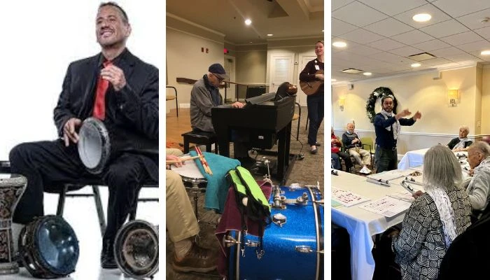 Three images: man sitting with percussion kit; residents and music therapist playing instruments; man leads choir